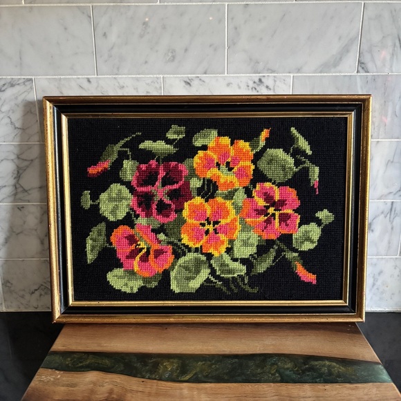 Vintage Other - Vintage Framed Floral Needlepoint Art